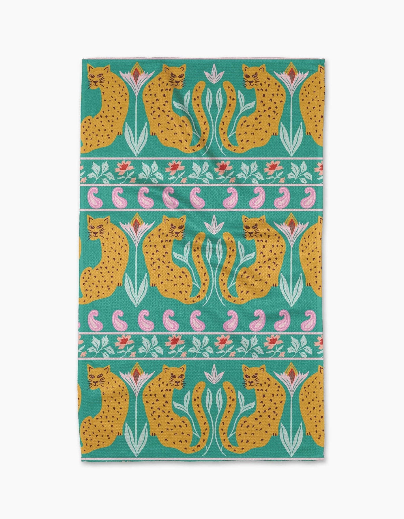 Teal tea towel with cheetah and floral pattern on a white background