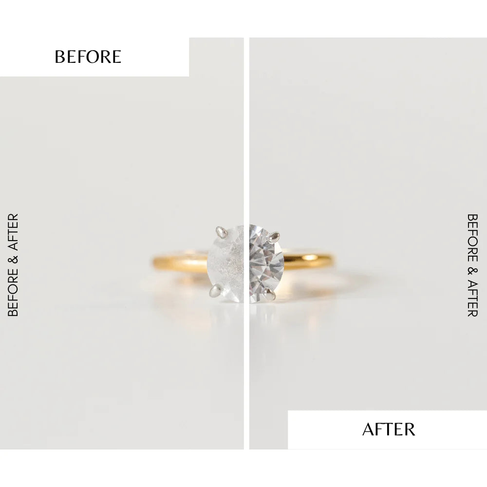 Before and after of a diamond ring using the Shinery Radiance Wash