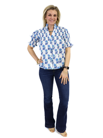 THML Blue Hydrangea Top - Blue/White front view with Spanx Jeans