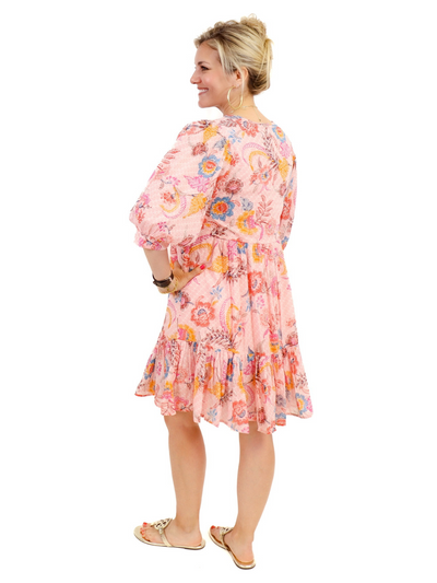 Molly Bracken Floral Dress - Pink back view with Gold Tory Burch Sandals.