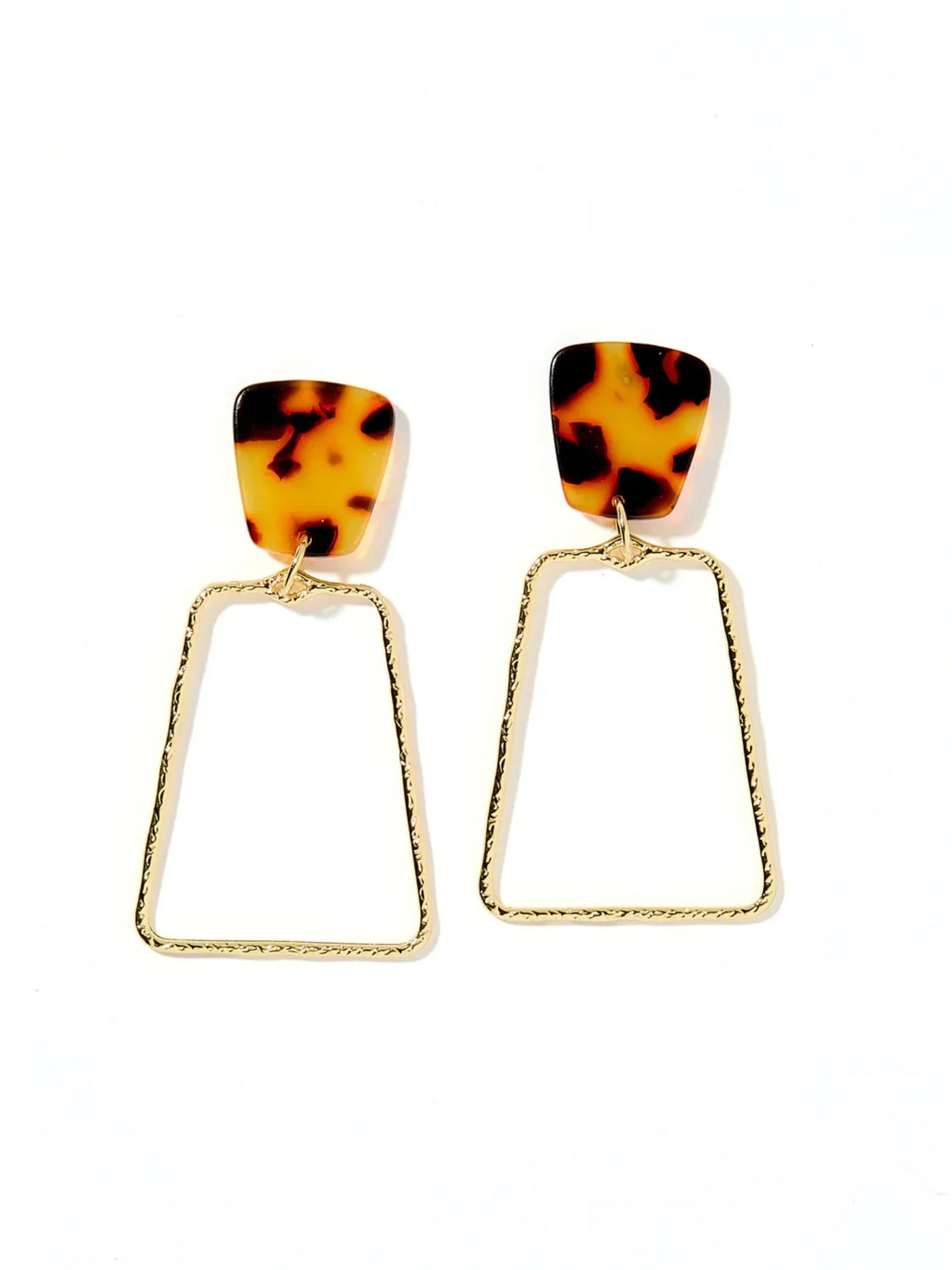 Tortoiseshell square earrings with gold hoop designs on a white background
