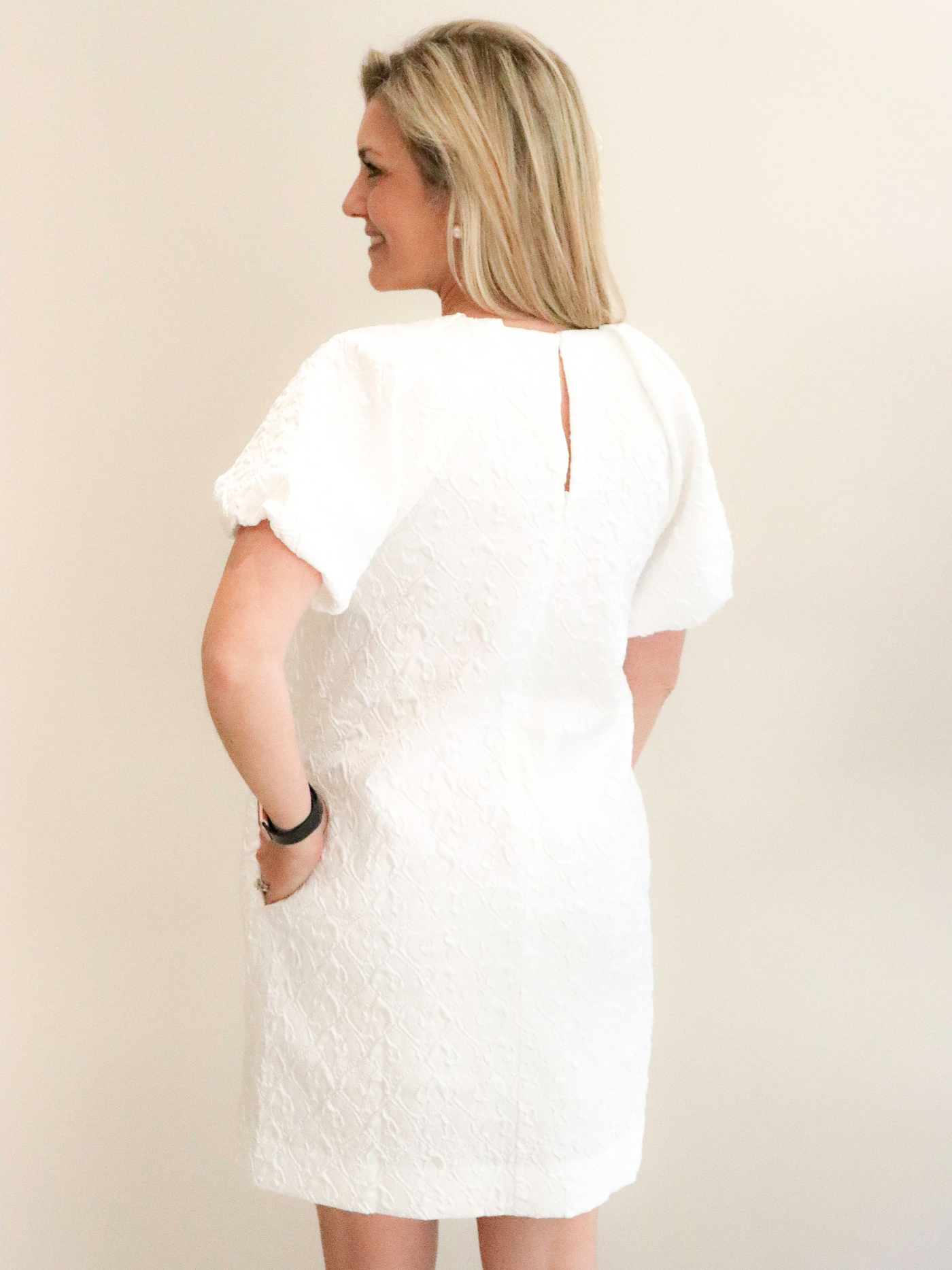 White Puff Sleeve Chemise by Jade up close back view.