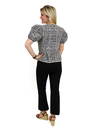 Pleated Short Sleeve Blouse - Black/Ivory back view.