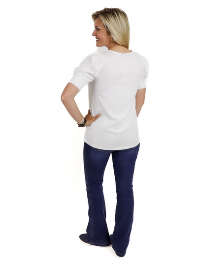 White Puff Sleeve Top back view untucked