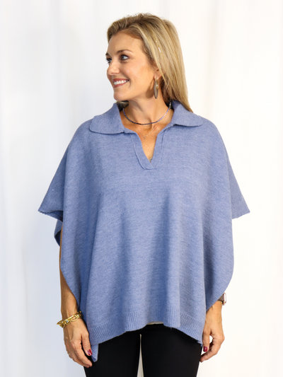 Shirt Collar Knit Poncho Blue up close front view.