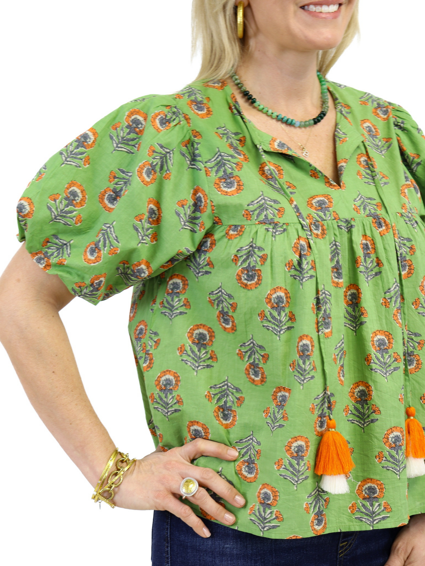 THML Tassel Tie Floral Top - Green/Orange up close view of print.