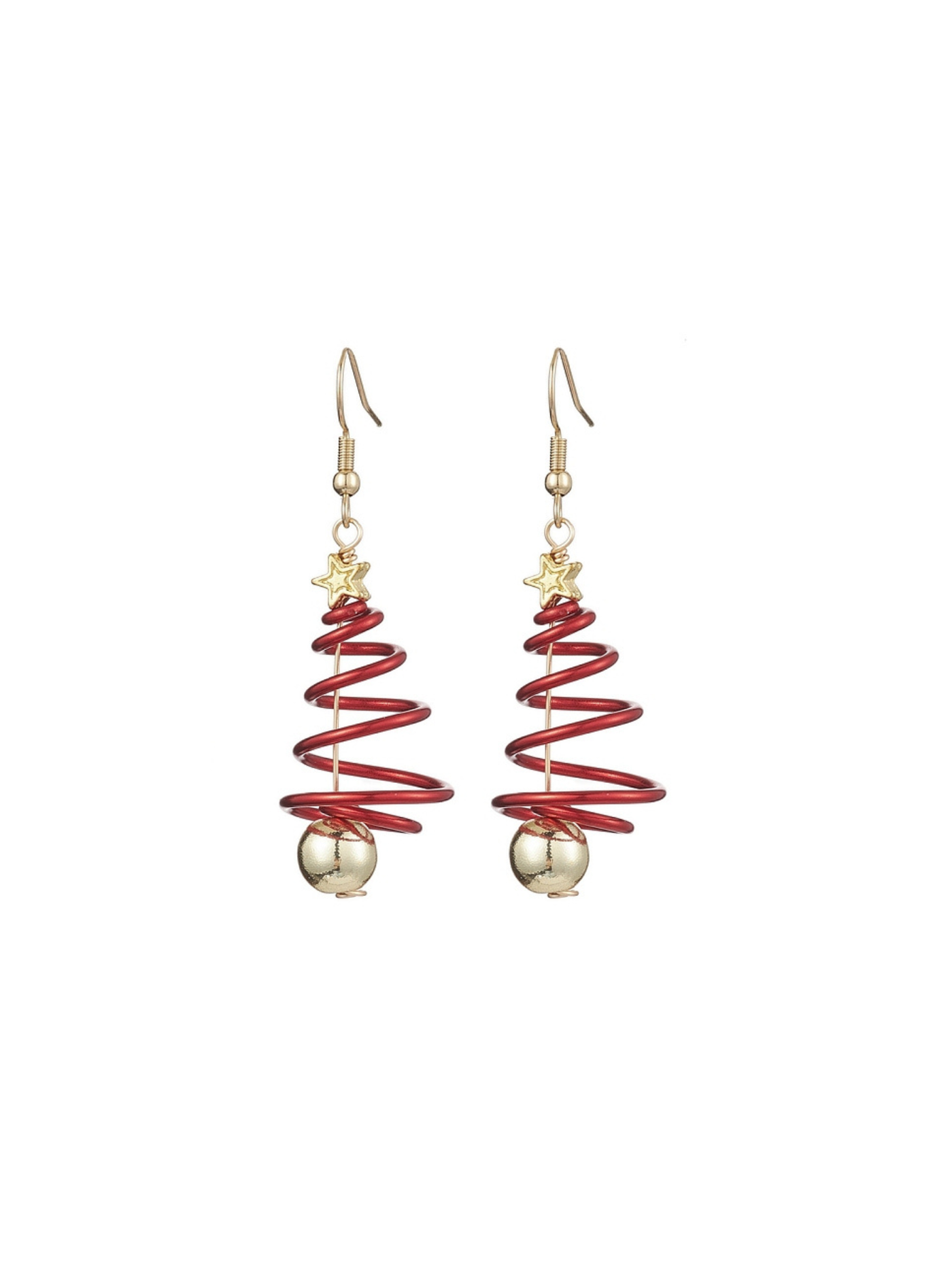 Spiral red earrings with gold accents on a white background