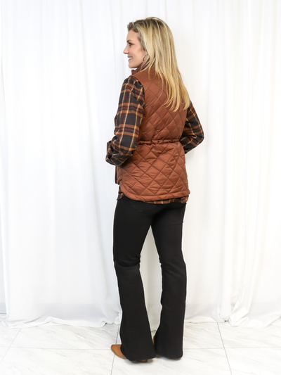 Charlie Paige Classic Quilted Puffer Vest - Brown back view.