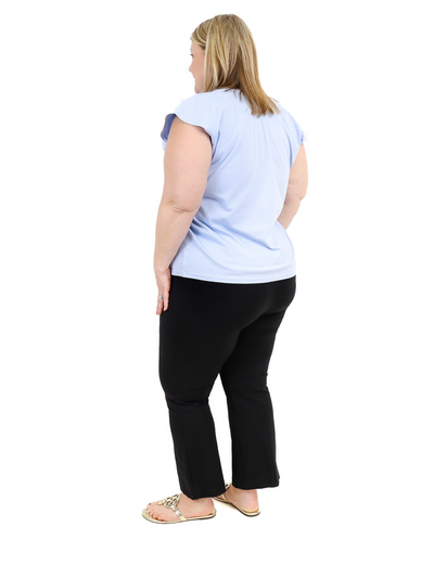 Cap Sleeve V-Neck Top Light Blue Back view with Black Spanx.