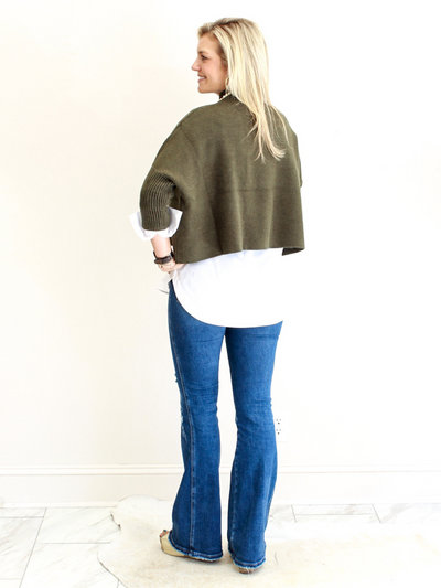 Olive Green Aja 3/4 Sleeve Sweater back view, size 6.