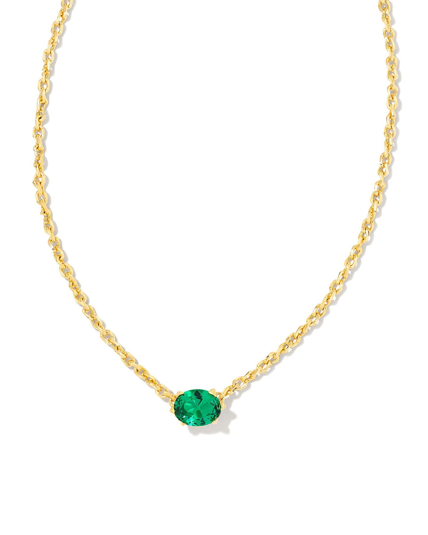 Cailin Crystal Pendant Necklace Gold Green Crystal on white background, front view.