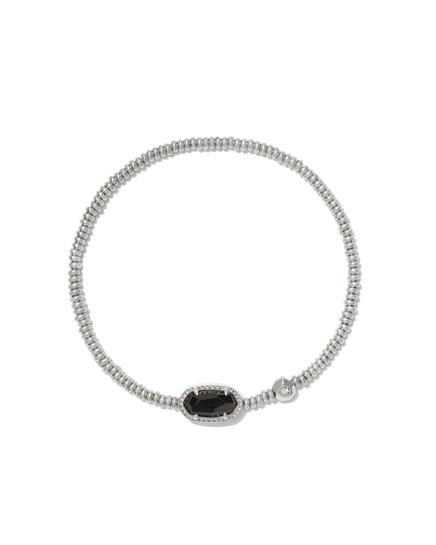 Kendra Scott Grayson Stretch Bracelet in Silver Black Agate on white background.