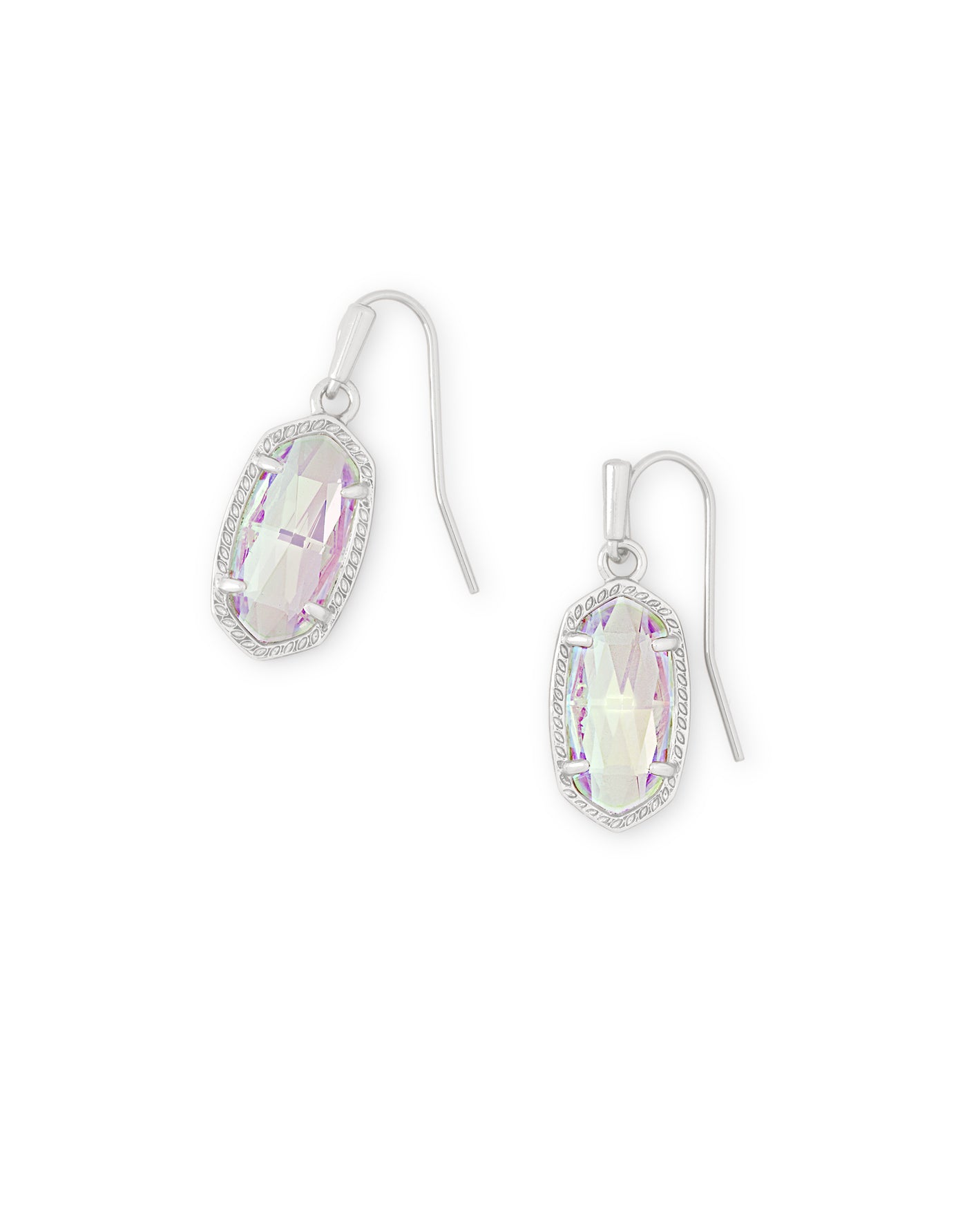 Lee Drop Earrings Silver Dichroic Glass on white background, front view.