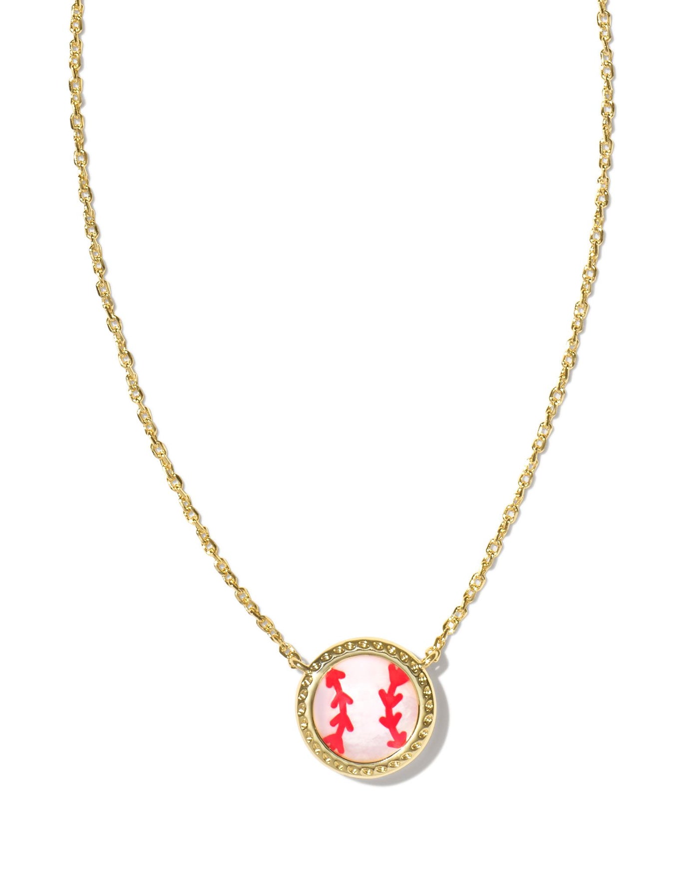 Kendra Scott Baseball Pendant Necklace in Gold on white background close up.