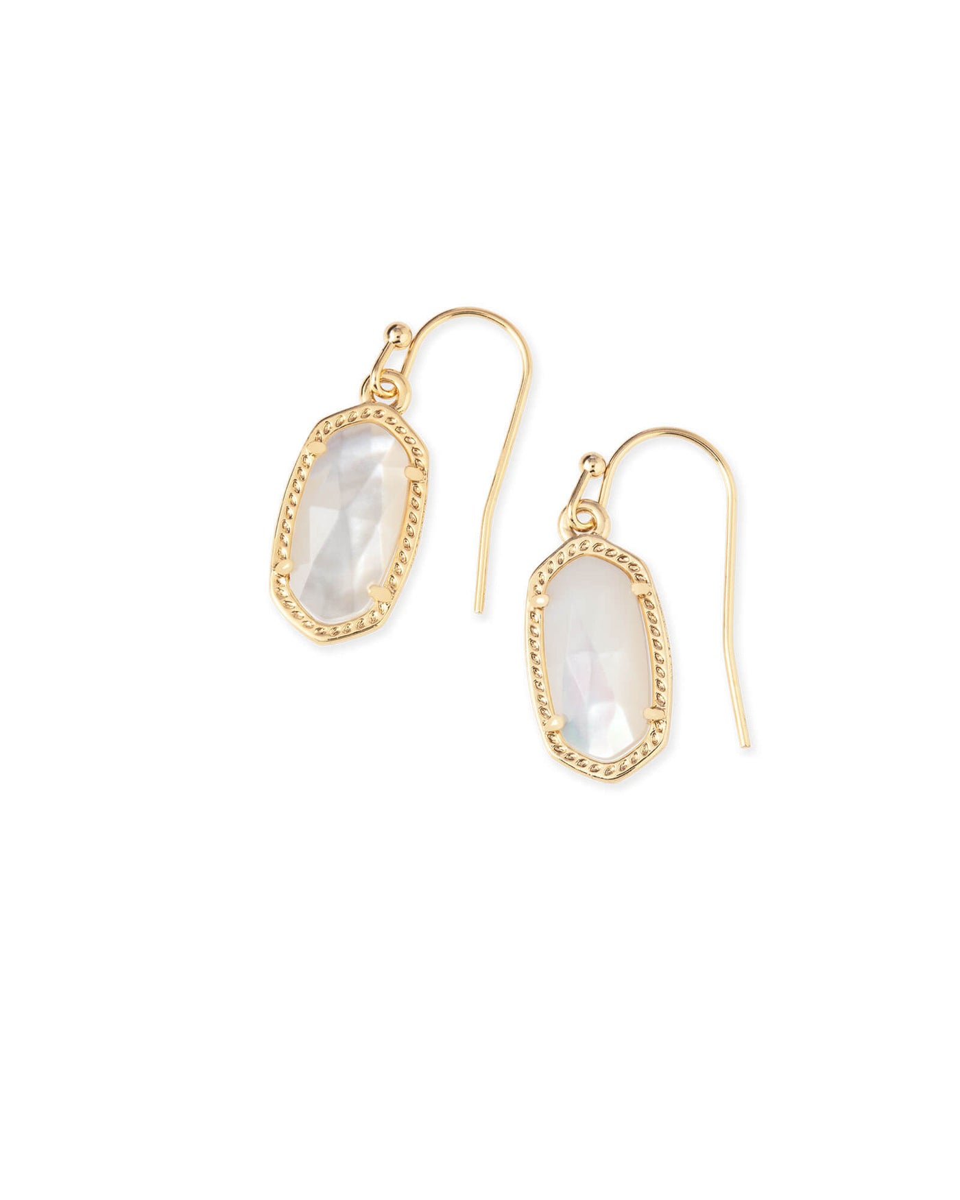 Lee Drop Earrings Gold Ivory Mother of Pearl on white background, front view.