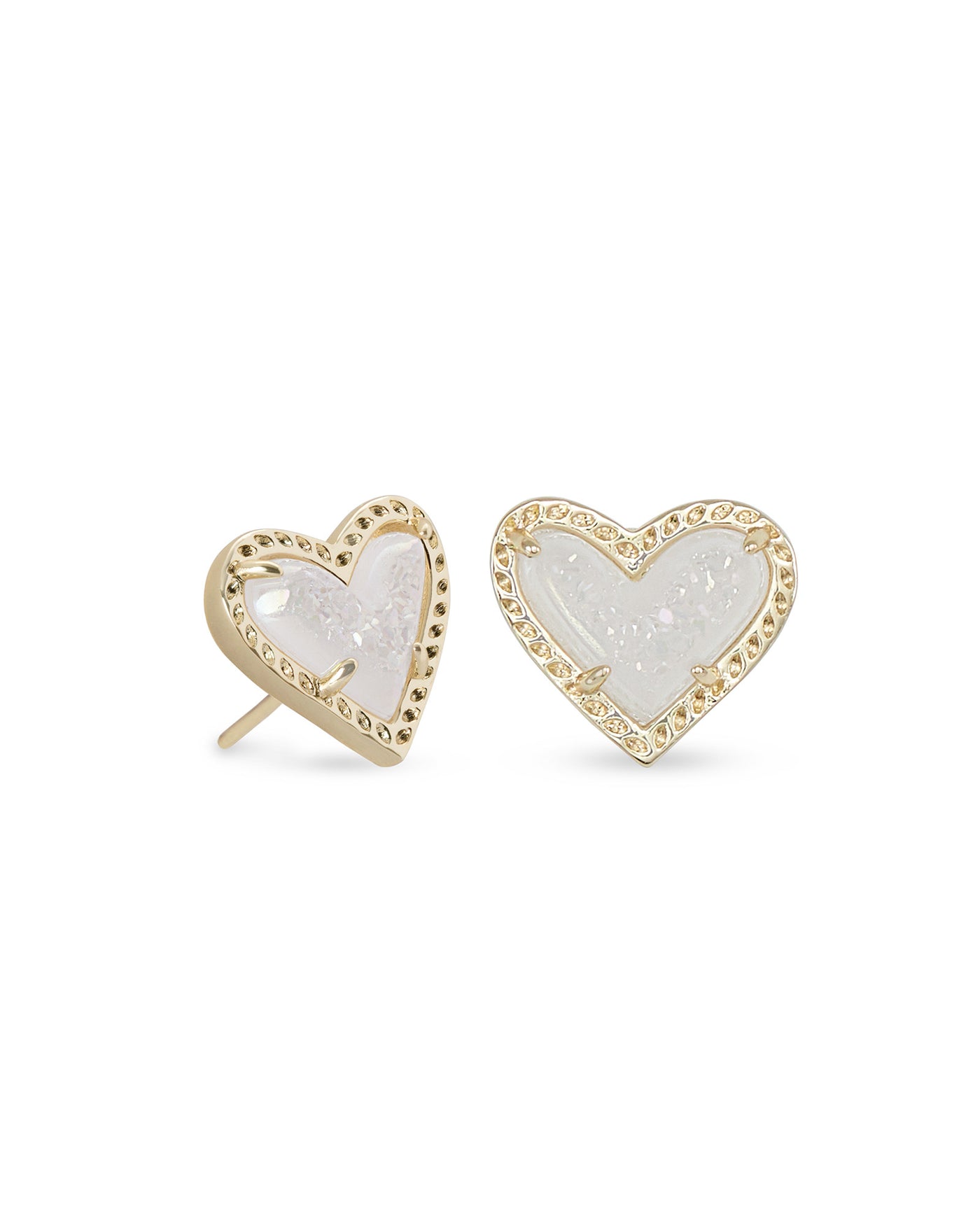 Ari Heart Stud Earrings Gold Iridescent Drusy on white background, front view.