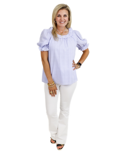 Ruffle Sleeve Blouse - Blue front view with Spanx.