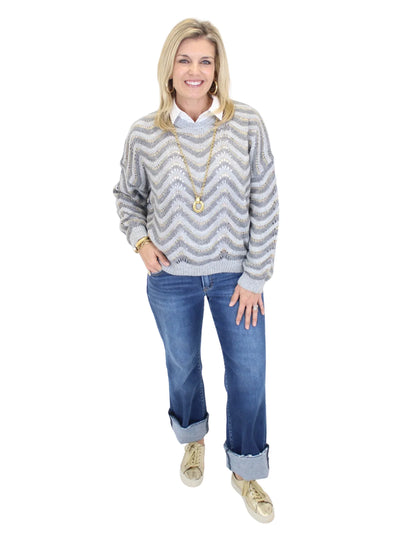 Wavy Striped Oversized Sweater - Grey