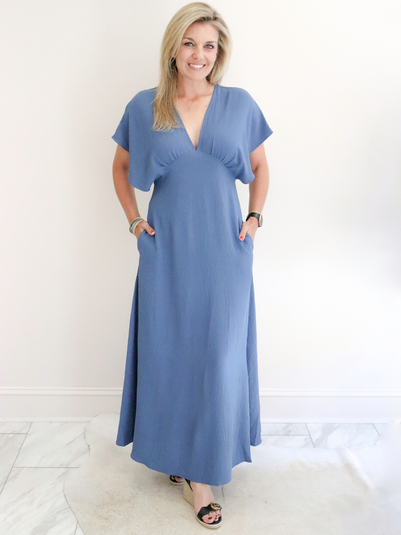Blue Woven Maxi Dress by Molly Bracken front view.