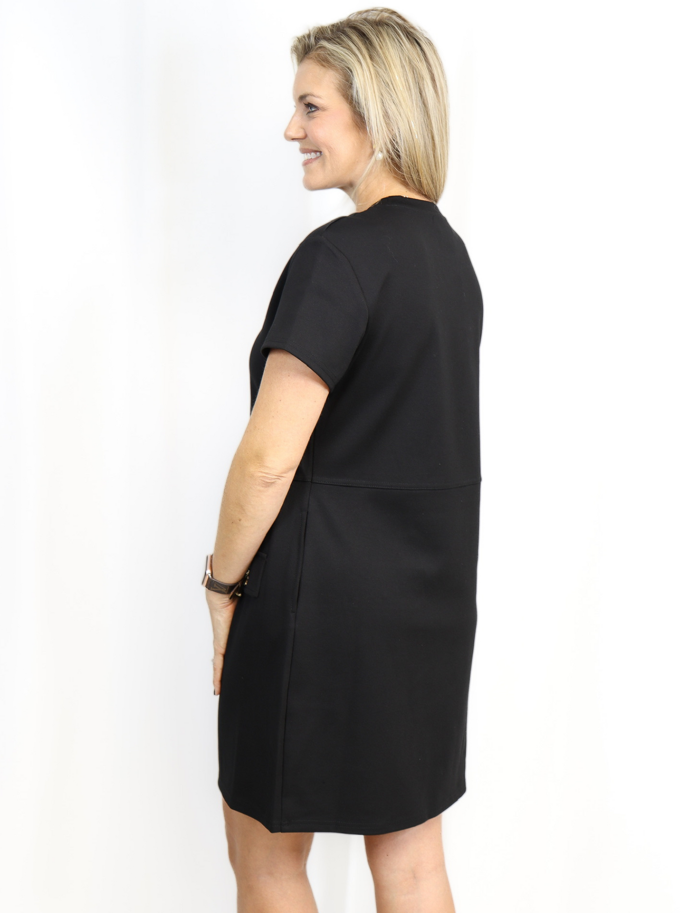 Black Shift Dress with Gold Buttons back view.