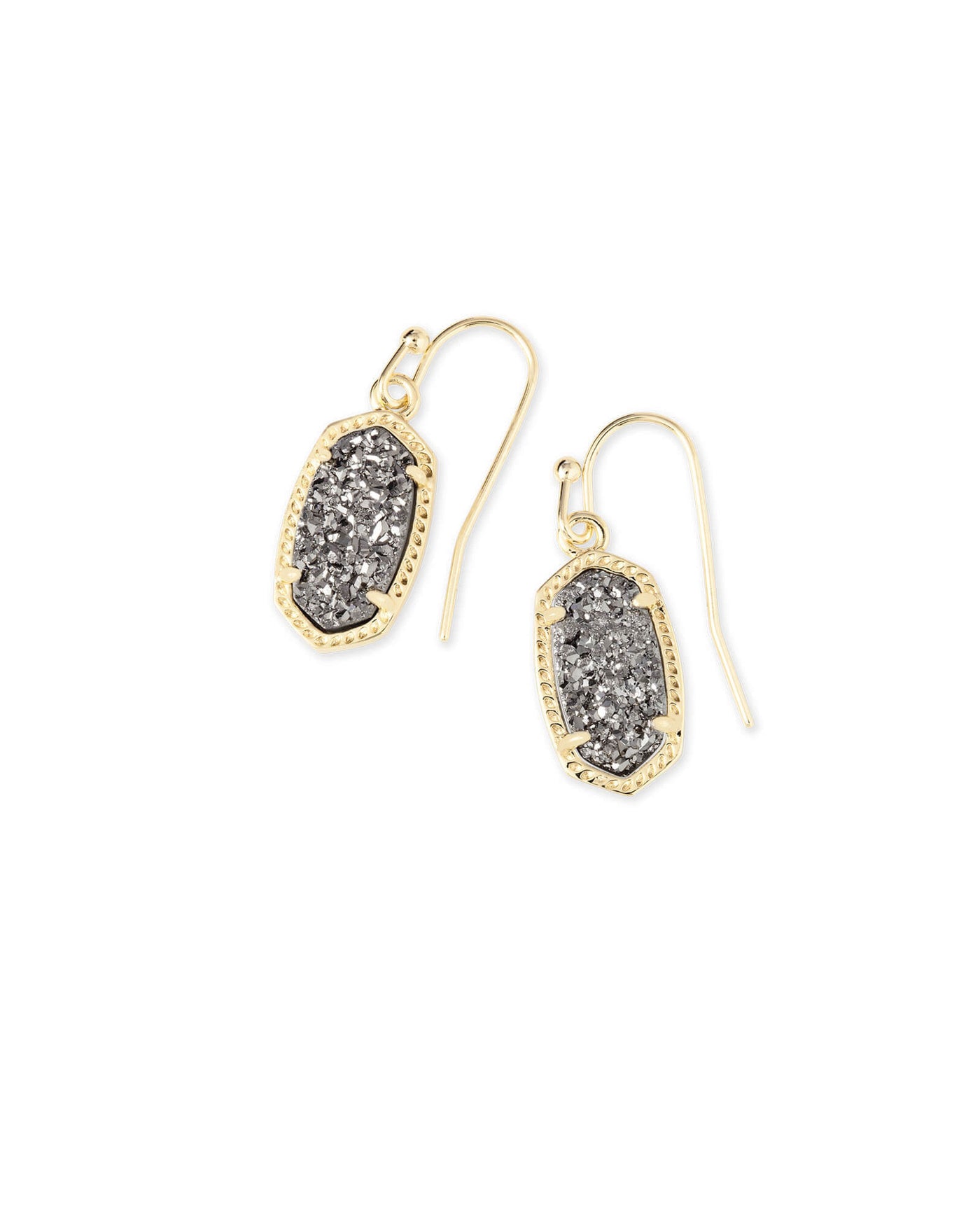 Lee Drop Earrings Gold Platinum Drusy on white background, front view.