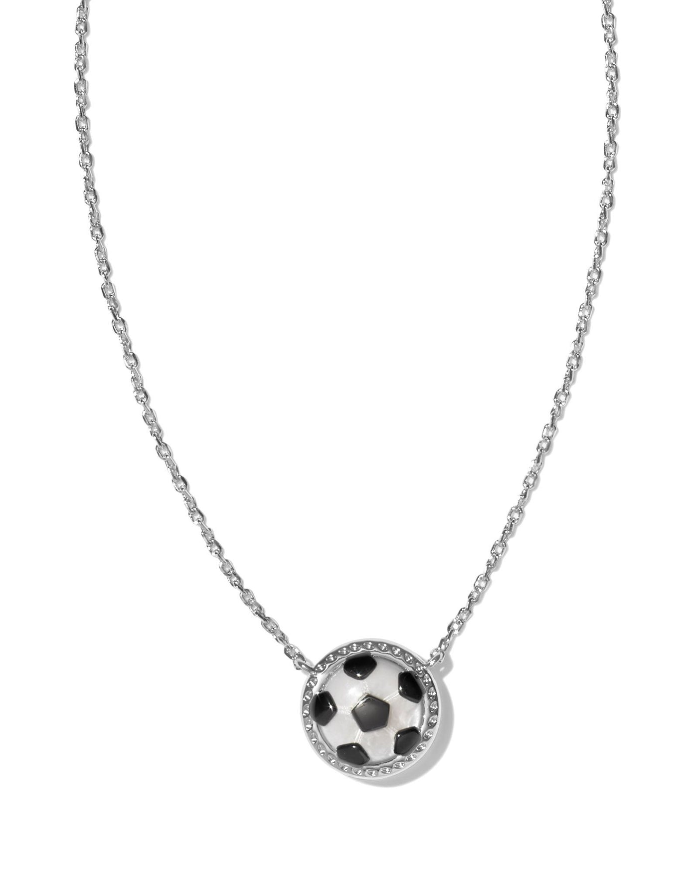 Kendra Scott Soccer Pendant Necklace in Silver on white background close up.