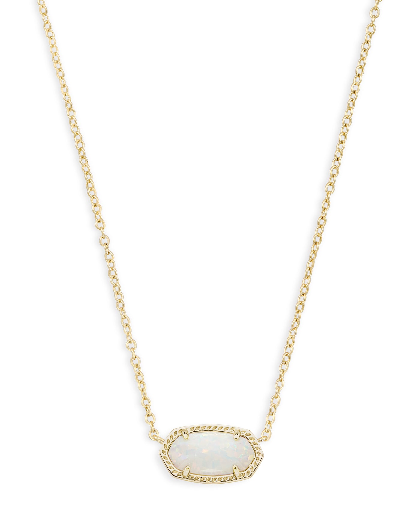 Elisa Pendant Necklace Gold White Opal on white background, front view.
