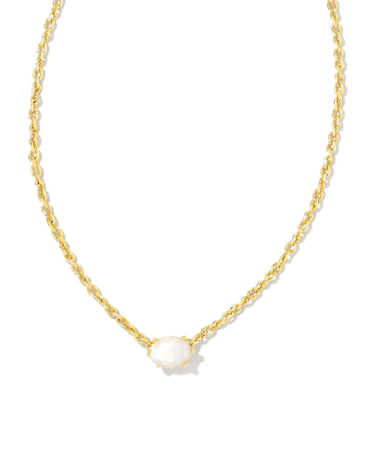 Cailin Crystal Pendant Necklace Gold Ivory Mother of Pearl on white background, front view.