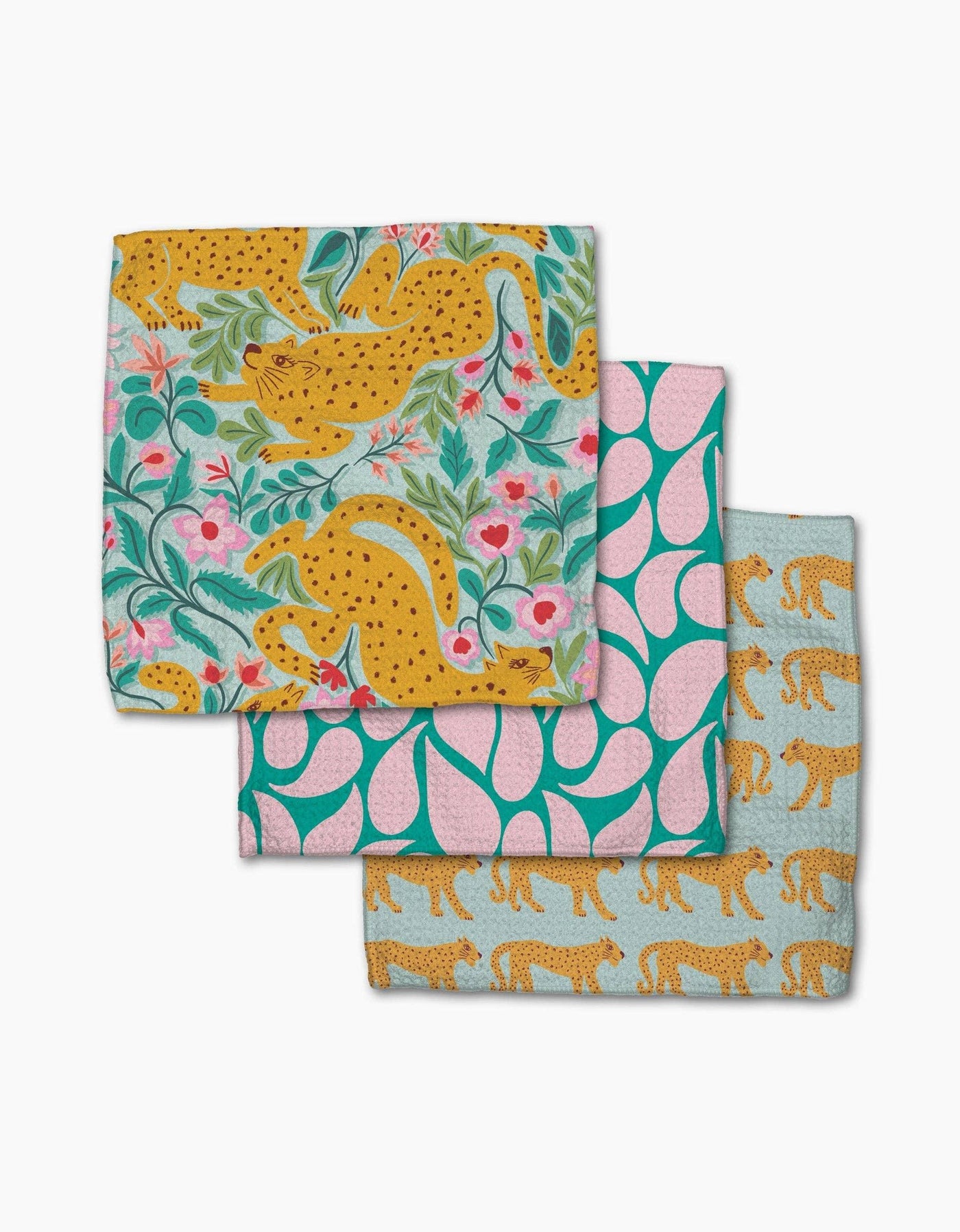 Set of three dishcloths with cheetah and floral patterns on a white background