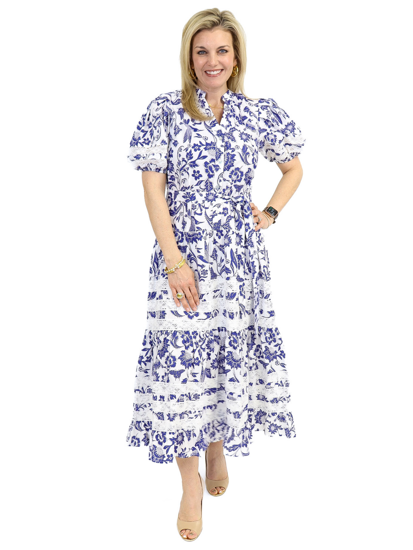 Tiered Midi Dress - Blue/White front view.