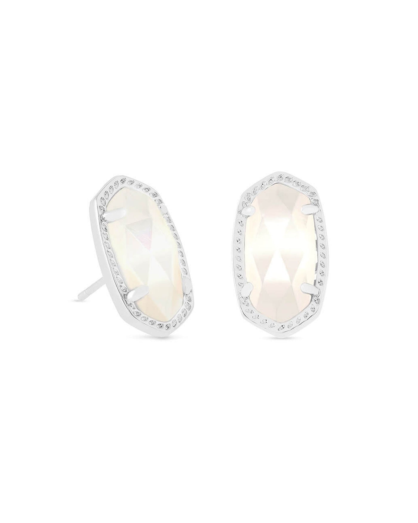 Ellie Stud Earrings Silver Mother of Pearl on white background, front view.