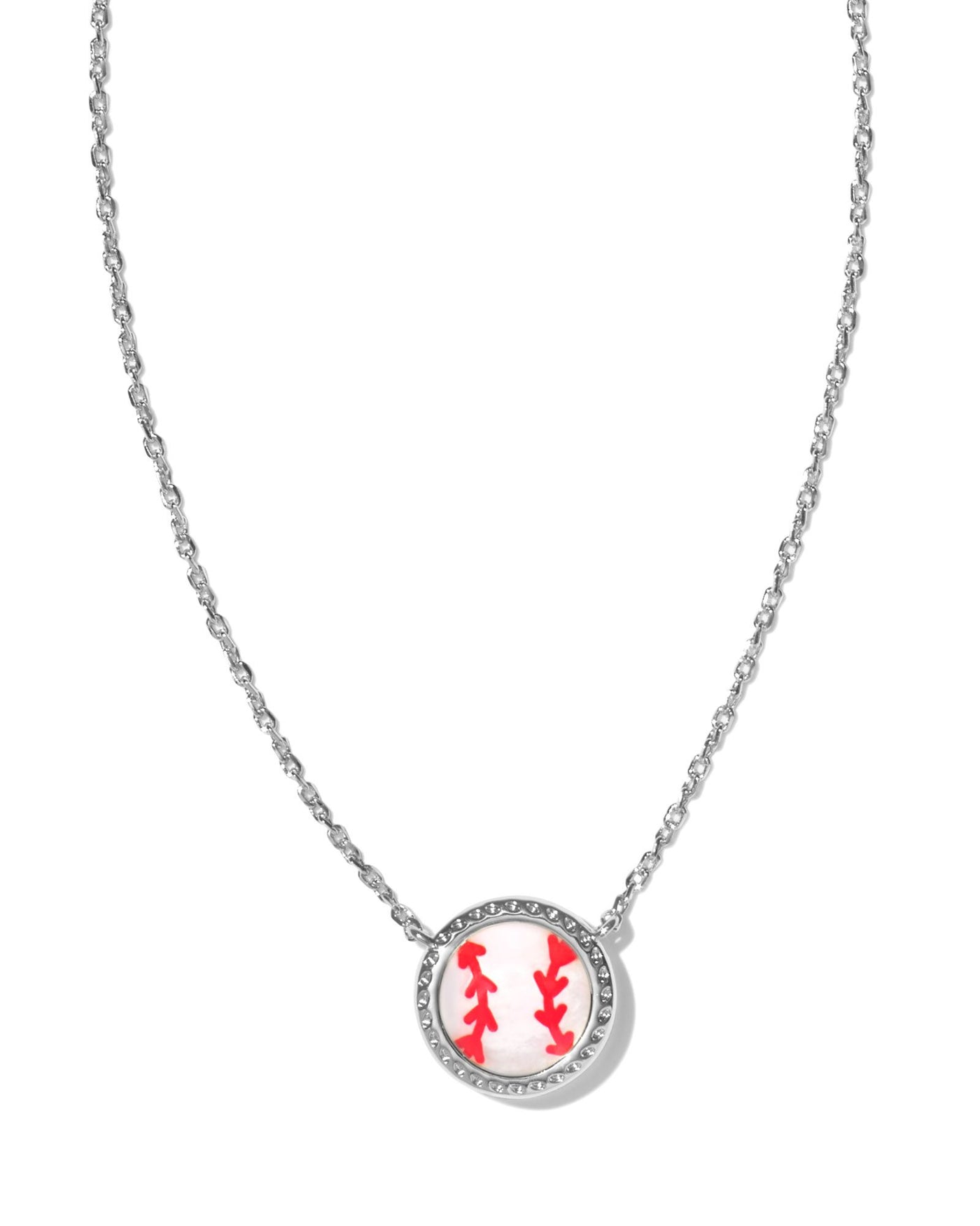 Kendra Scott Baseball Pendant Necklace in Silver on white background close up.