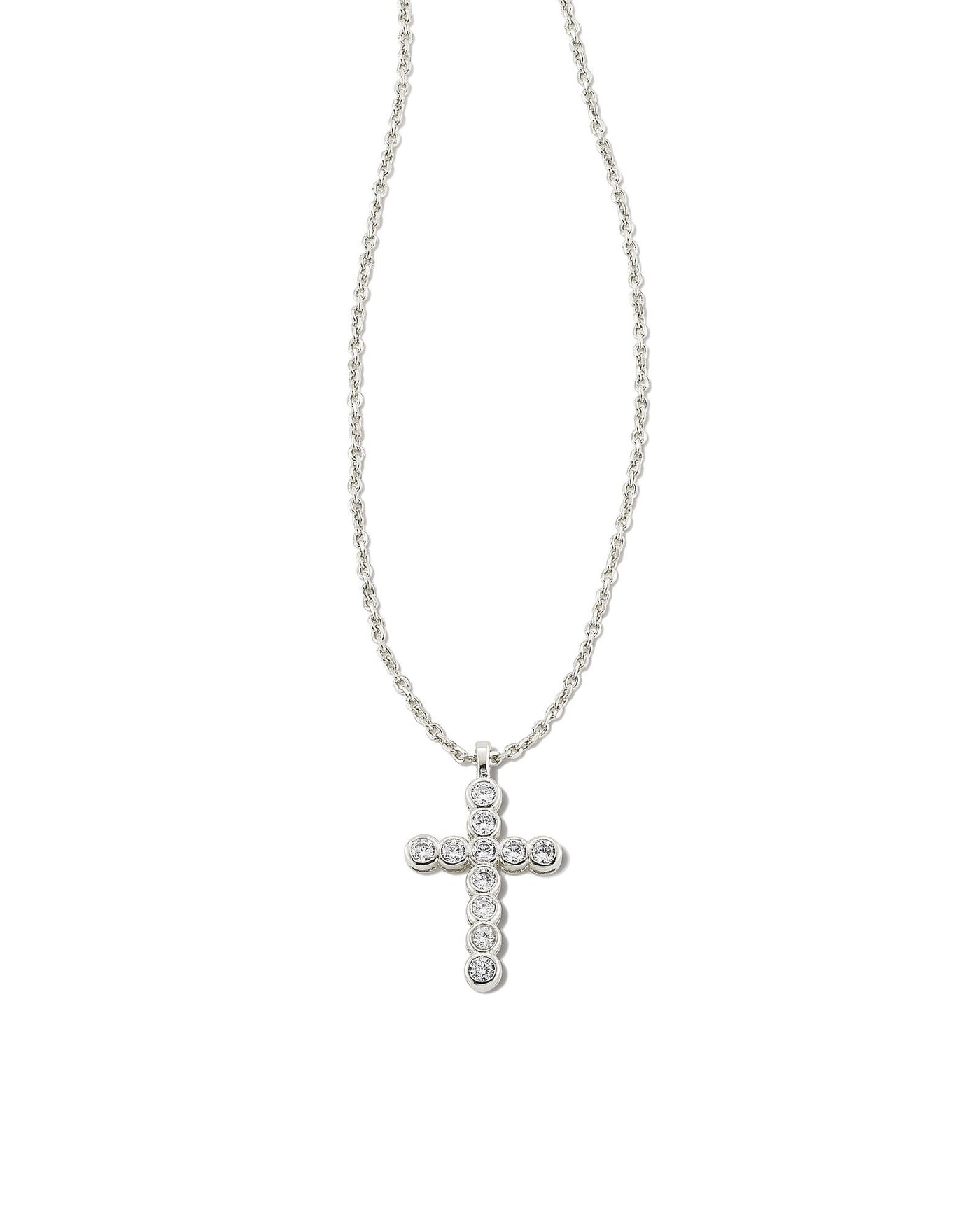 Kendra Scott Crystal Cross Pendant Necklace Silver closeup.