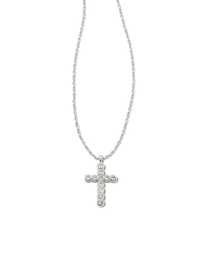 Kendra Scott Crystal Cross Pendant Necklace Silver closeup.