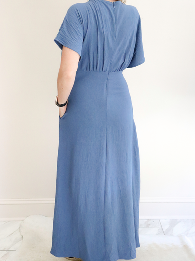 Blue Woven Maxi Dress by Molly Bracken up close back view.  