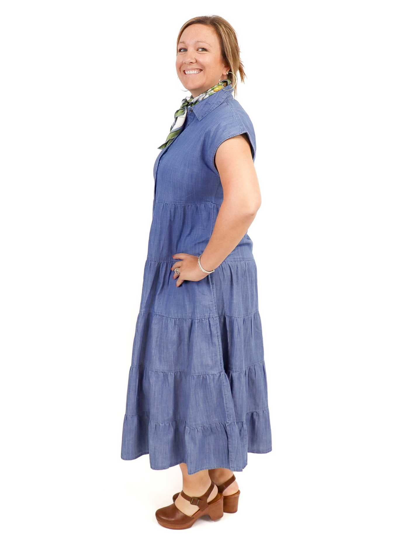 Molly Bracken Denim Midi Dress - Blue side view.