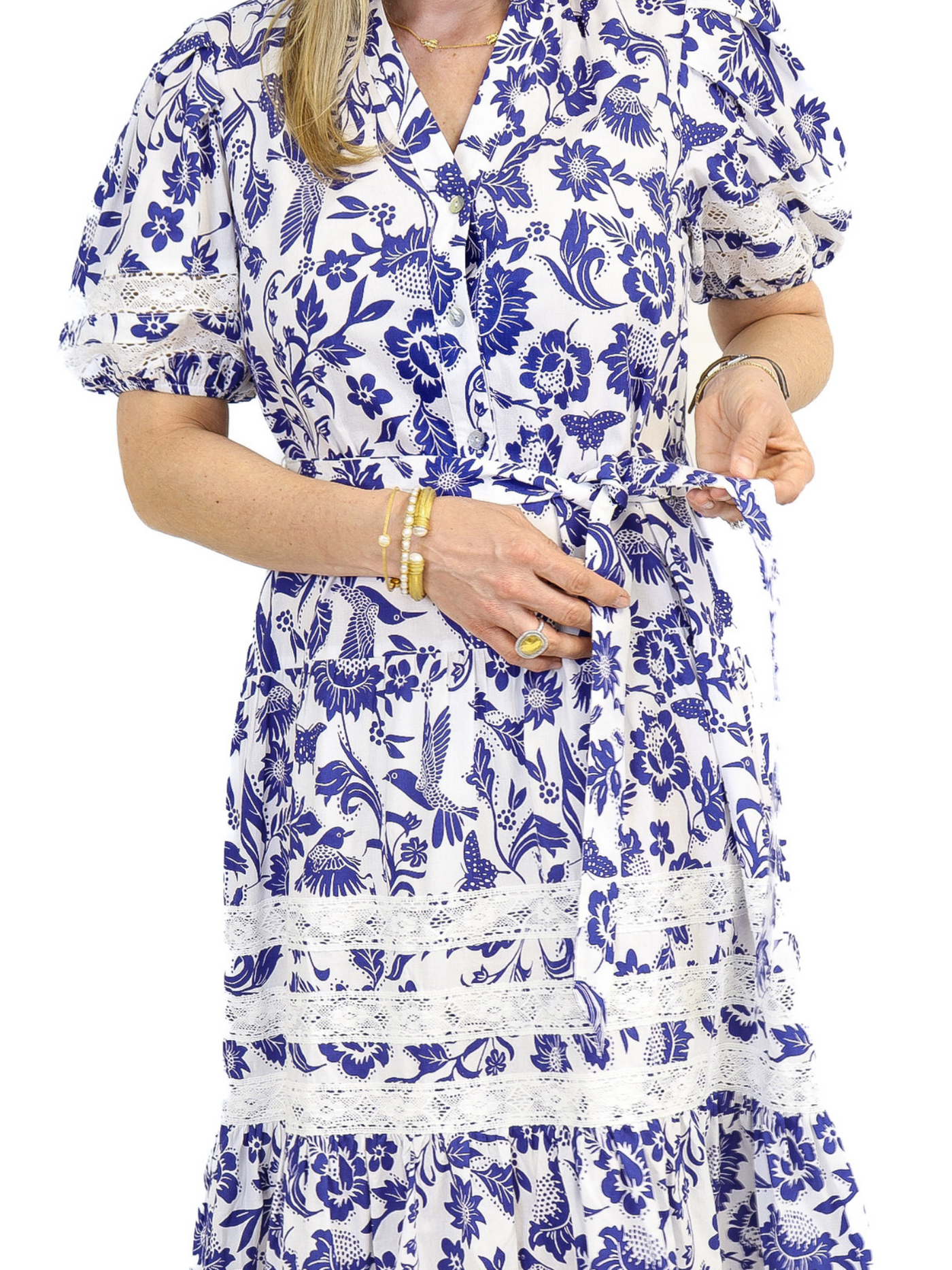 Tiered Midi Dress - Blue/White tie view.