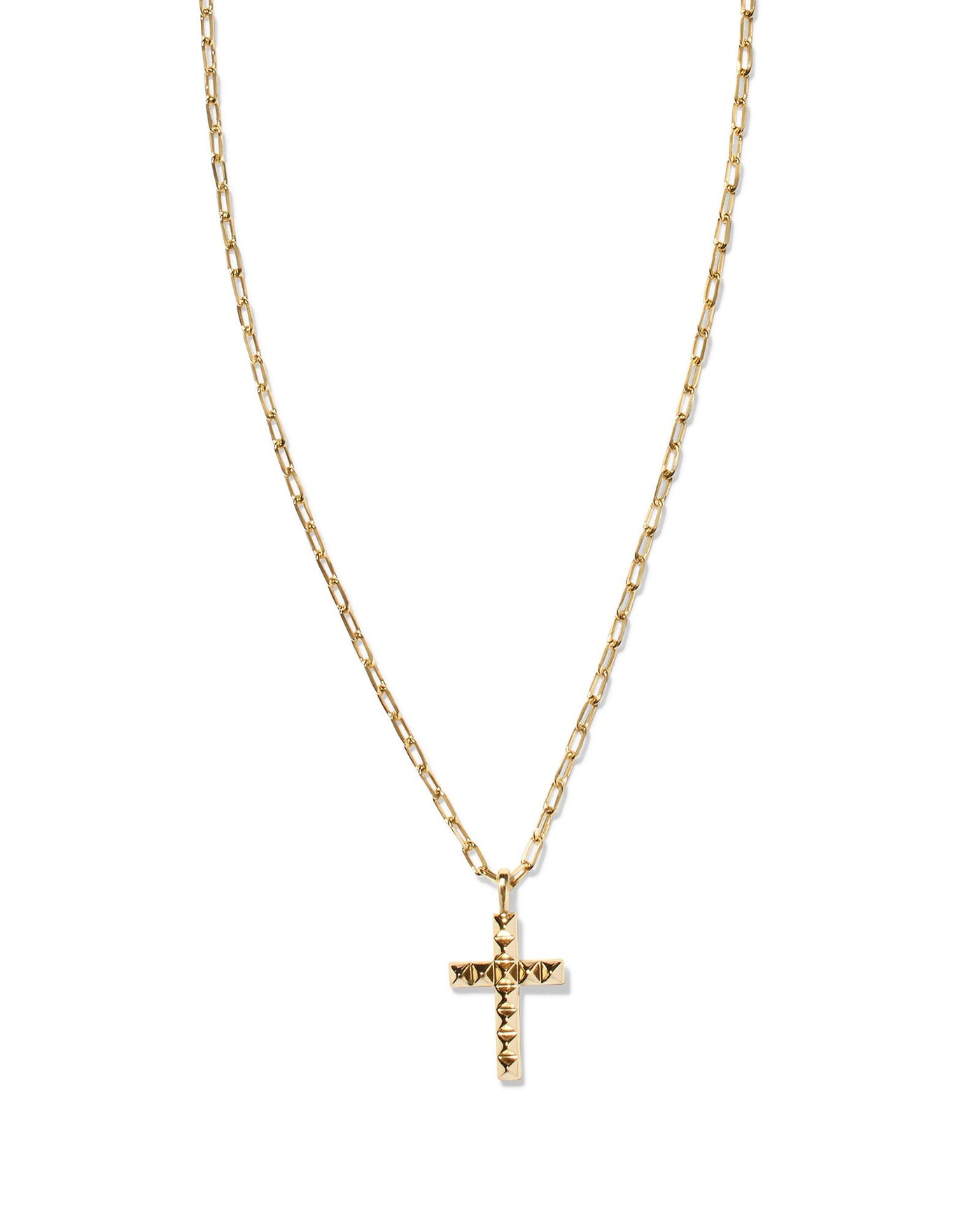 Kendra Scott Jada Cross Pendant Necklace in Gold on white background closeup.