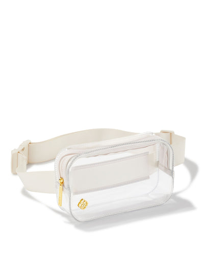 Kendra Scott Clear Gold Belt Bag on white background.