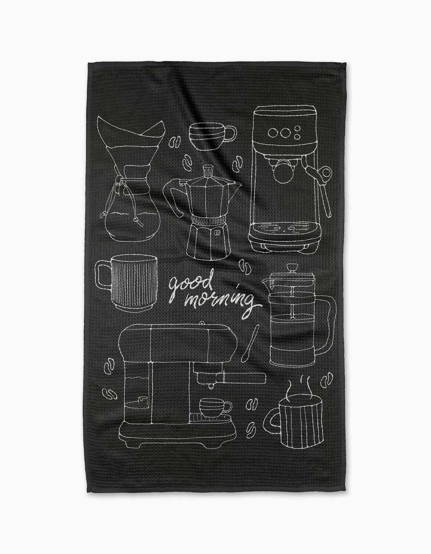 Black tea towel with white coffee-themed illustrations and 'good morning' text on a white background
