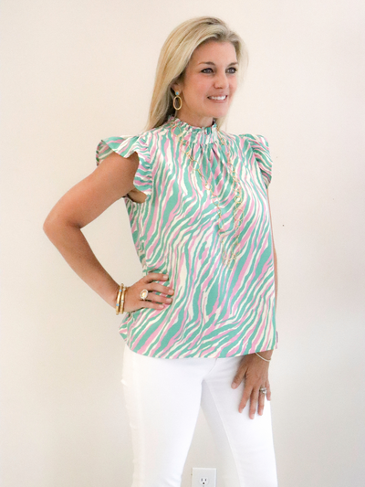 Ruffle Sleeve Tie Back Printed Blouse front view.