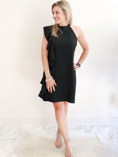 Black One Sleeve Ruffle Dress front view.
