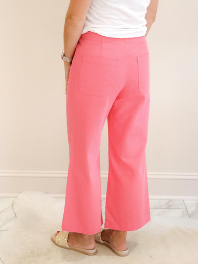 Pink Canvas Culottes with Gold Buttons back view.
