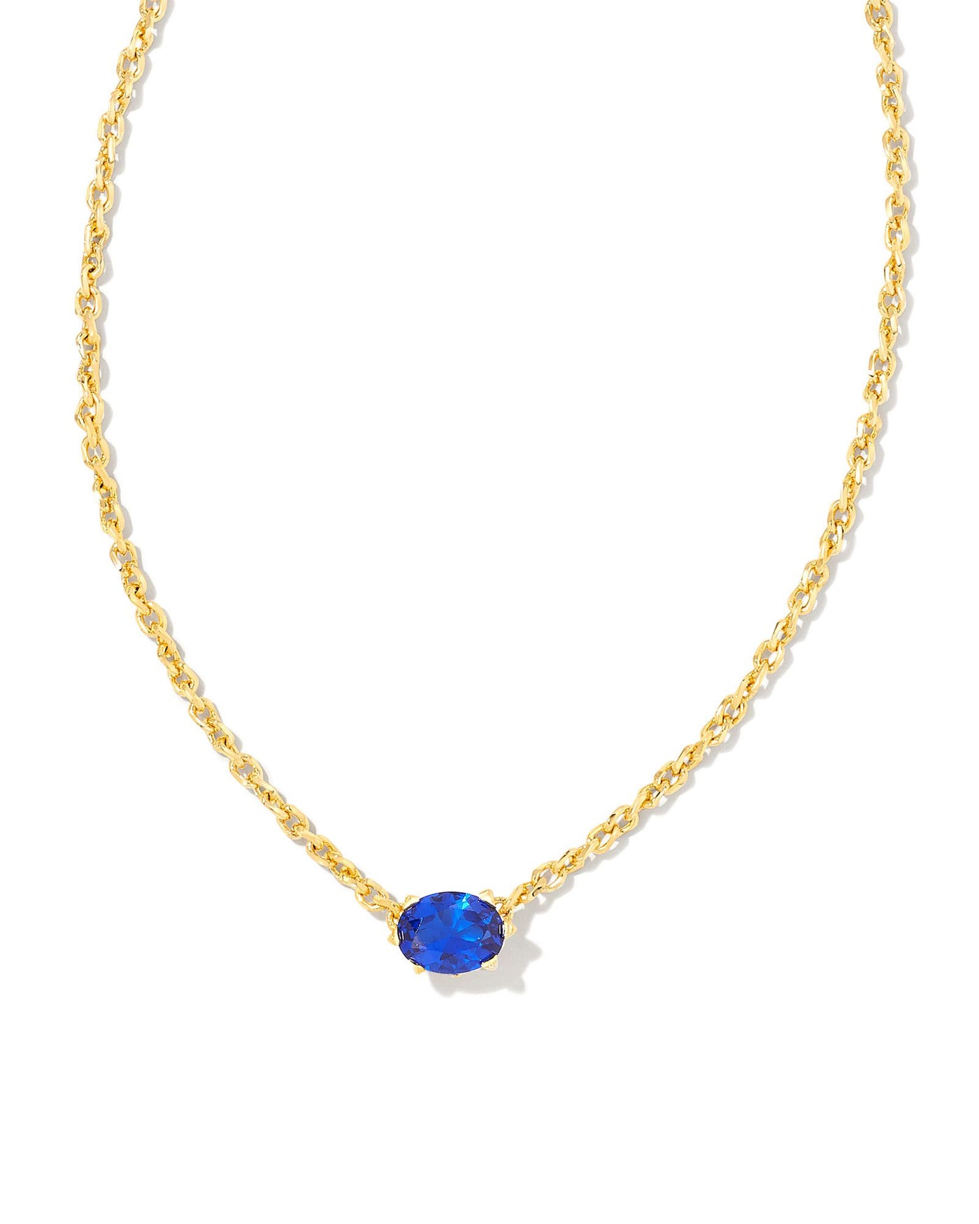 Cailin Crystal Pendant Necklace Gold Blue Crystal on white background, front view.