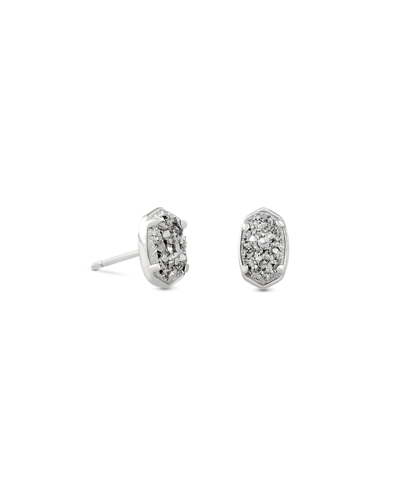 Emilie Stud Earrings Silver Platinum Drusy on white background, front view.