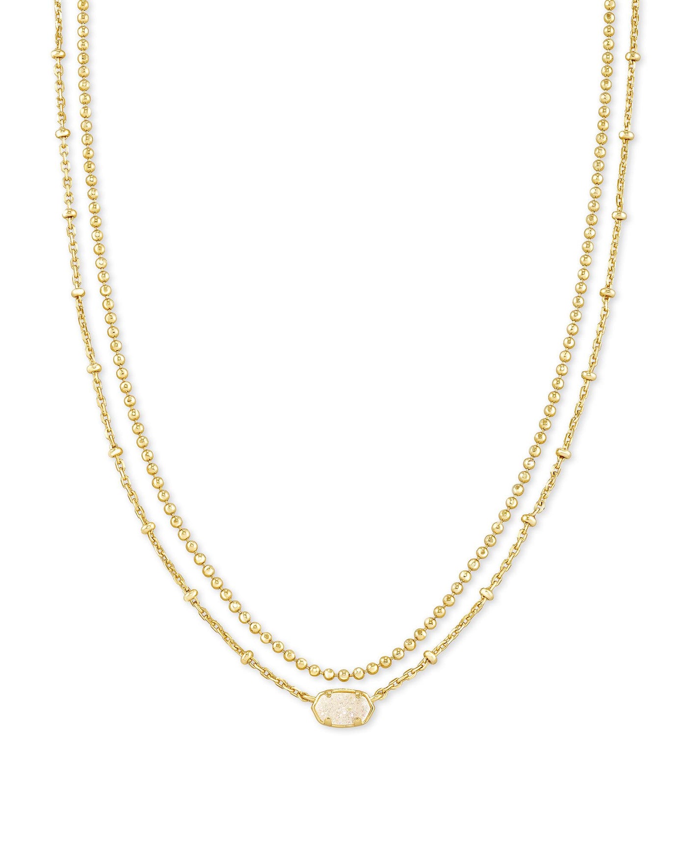 Emilie Multi-Strand Necklace Gold Iridescent Drusy on white background, front view.