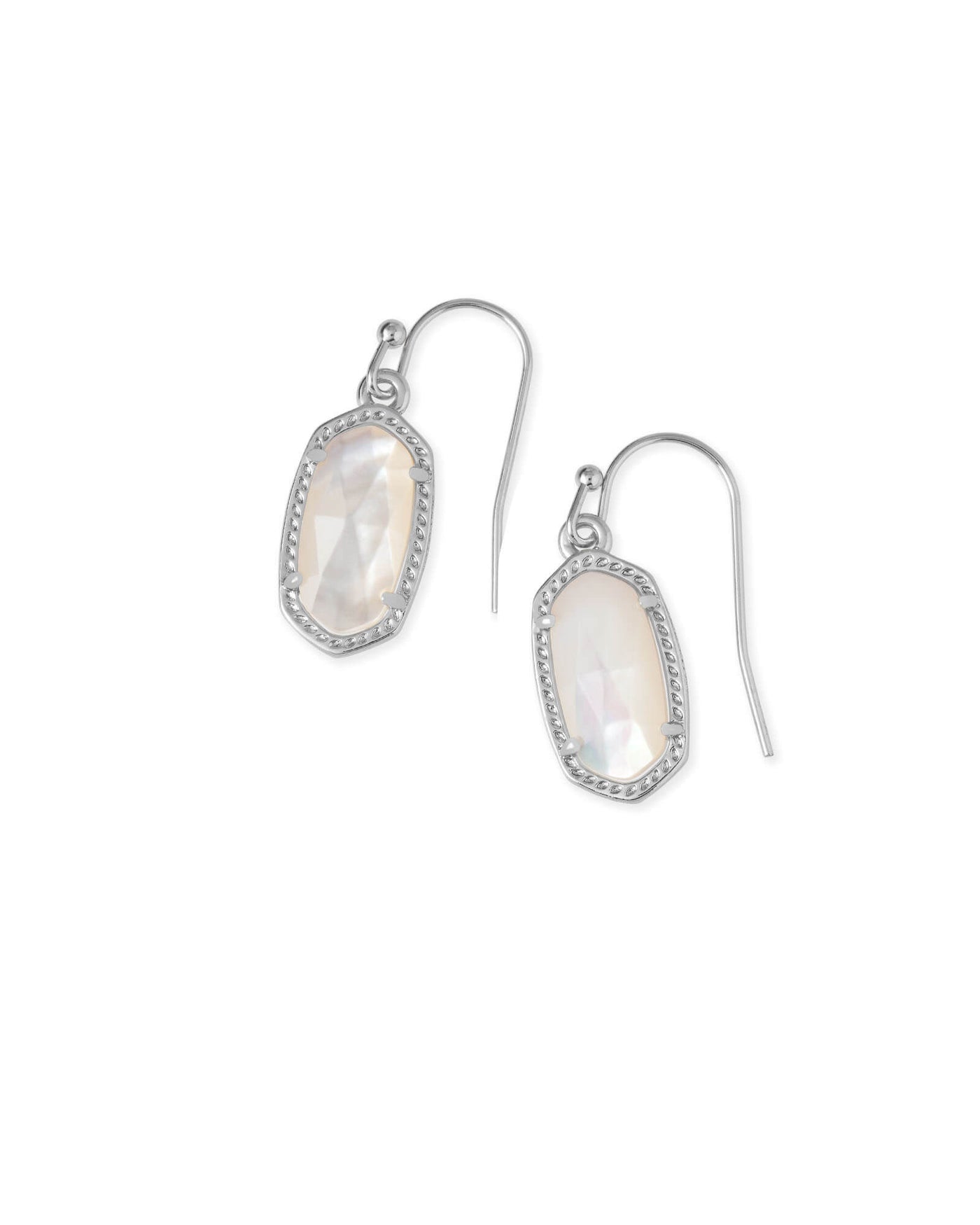 Lee Drop Earrings Silver Mother-of-Pearl on white background, front view.