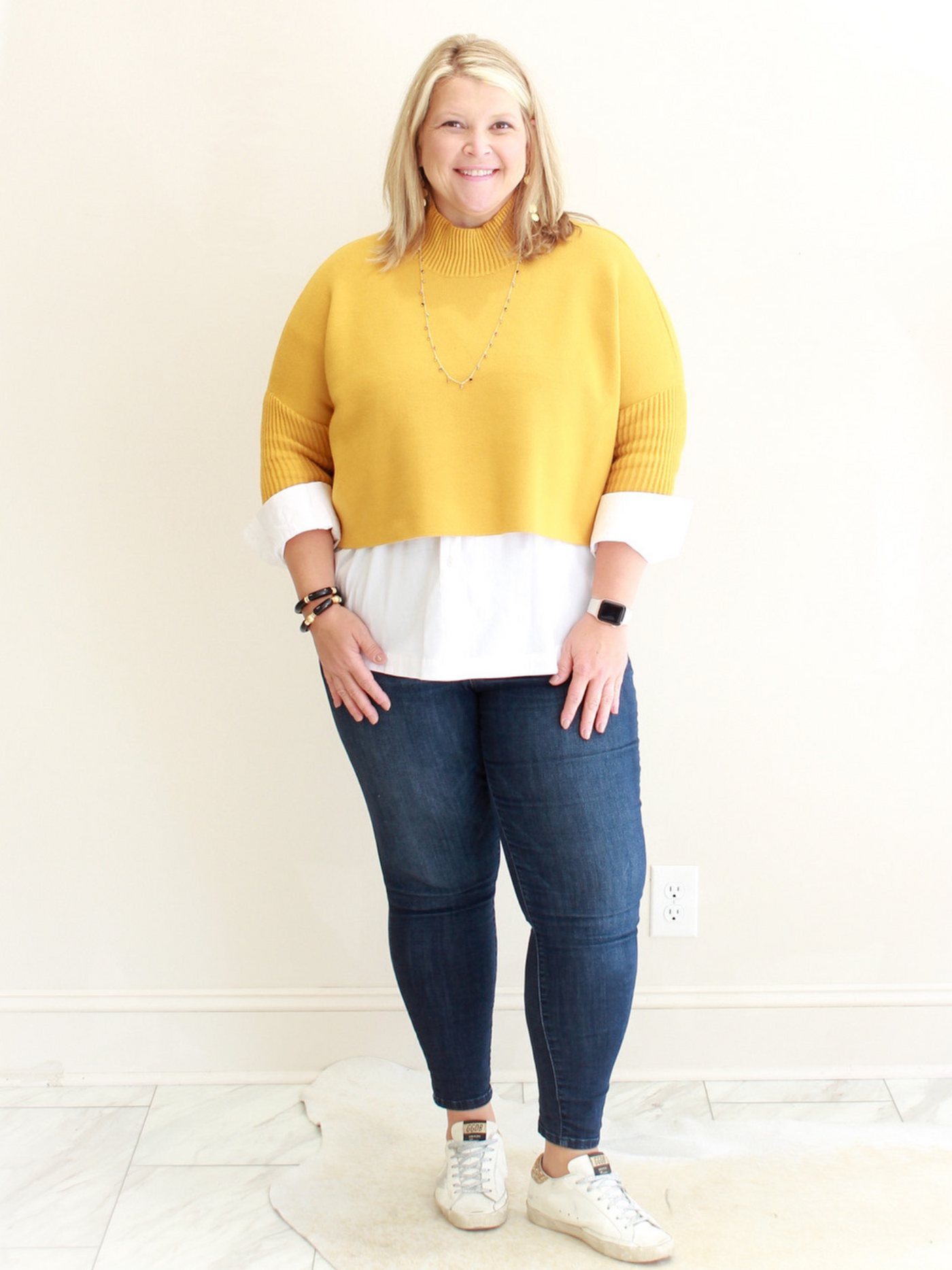 Mustard Aja 3/4 Sleeve Sweater front view.
