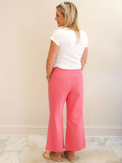 Pink Canvas Culottes with Gold Buttons back view with white tee.