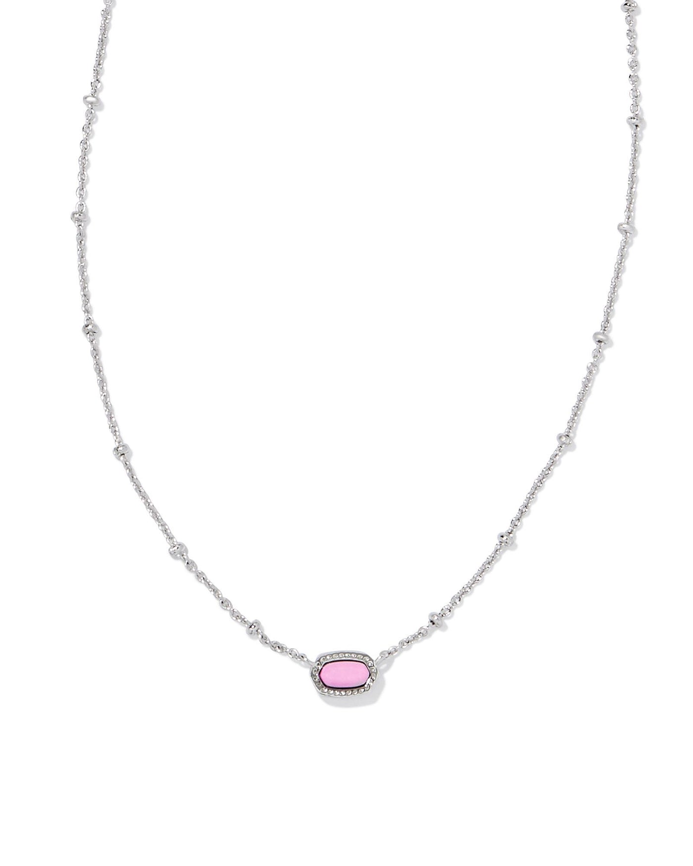 Kendra Scott Mini Elisa Satellite Necklace in Silver Pink Magnesite on white background close up.